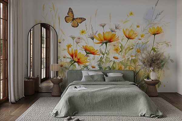 Vlinder vliegt over bloemen Fotobehang Vlinder vliegt over bloemen