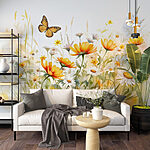 Fotobehang Vlinder vliegt over bloemen