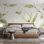 Fotobehang Witte bloemen met groene bladeren