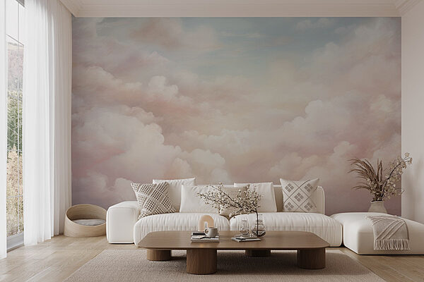 Bewolkte lucht met roze wolken Fotobehang Bewolkte lucht met roze wolken