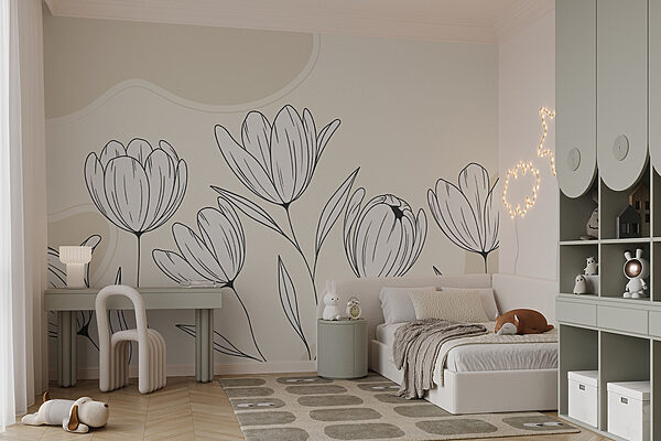 Lijntekening van bloemen Fotobehang Lijntekening van bloemen