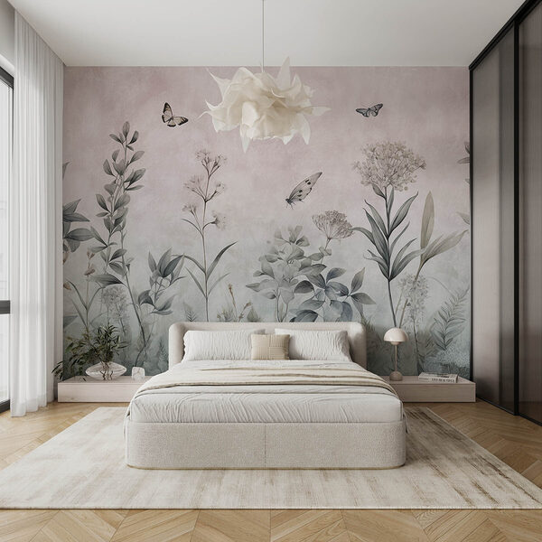 Behang met vlinders en planten Fotobehang Behang met vlinders en planten