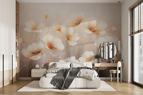 Schilderij van bloemen op een witte achtergrond Fotobehang Schilderij van bloemen op een witte achtergrond