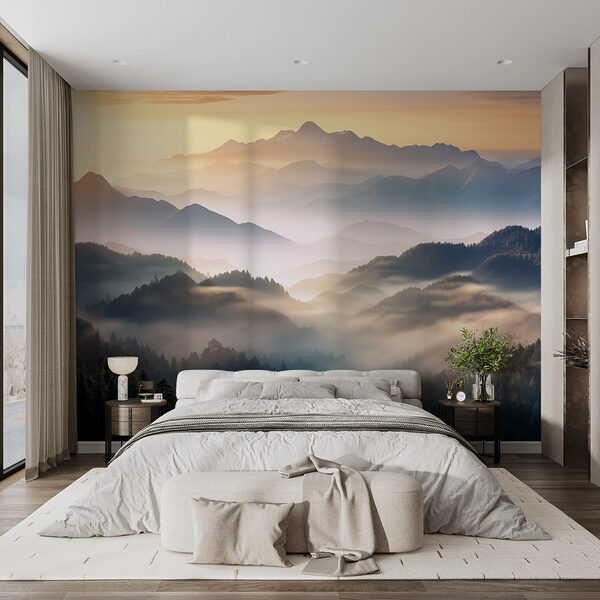 Fotobehang Landschap van bergen met mist en bomen