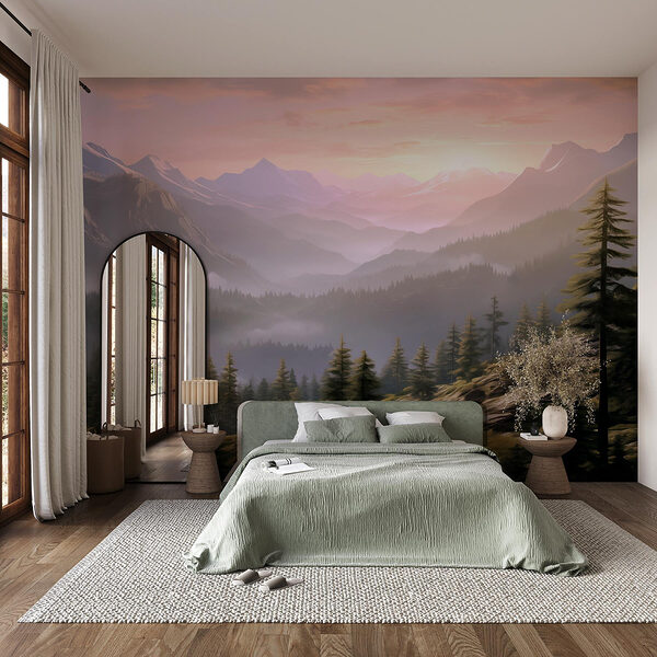 Landschap van bergen en bomen Fotobehang Landschap van bergen en bomen