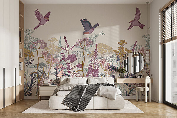 Vogels vliegen over bloemen Fotobehang Vogels vliegen over bloemen