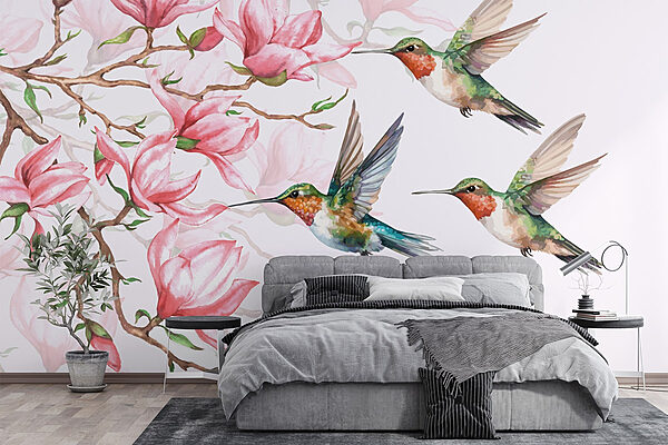 Groep kolibries vliegt naast bloemen Fotobehang Groep kolibries vliegt naast bloemen