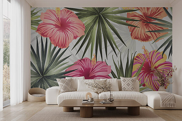 Levendige tropische bloemen barsten van de kleur Fotobehang Levendige tropische bloemen barsten van de kleur