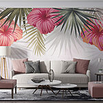 Fotobehang Groep roze bloemen en groene bladeren