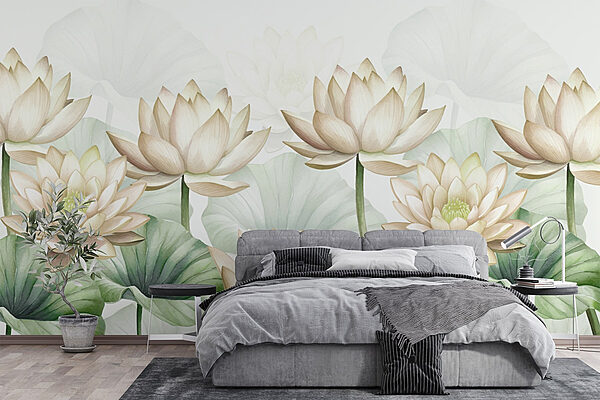 Groep witte bloemen met groene bladeren Fotobehang Groep witte bloemen met groene bladeren