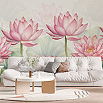 Fotobehang Groep roze bloemen met groene bladeren