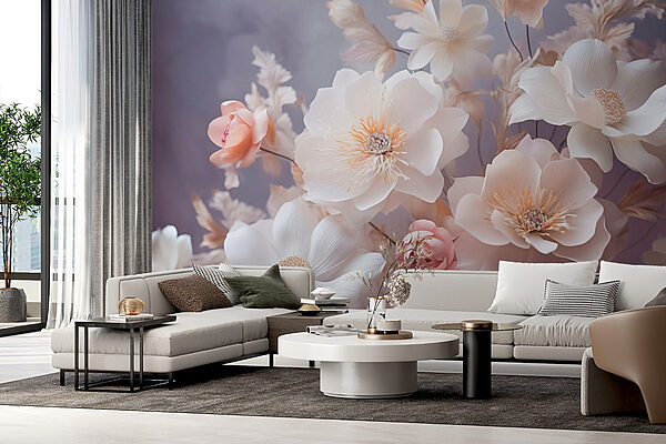 Groep witte en roze bloemen Fotobehang Groep witte en roze bloemen