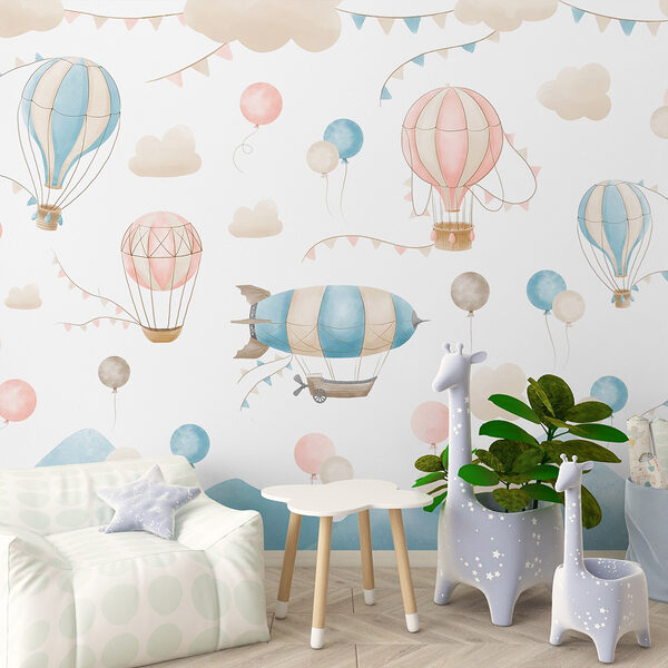 Groep heteluchtballonnen en vlaggen Fotobehang Groep heteluchtballonnen en vlaggen