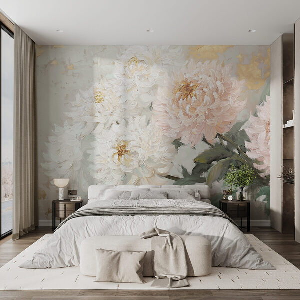 Schilderij van bloemen op een wit oppervlak Fotobehang Schilderij van bloemen op een wit oppervlak