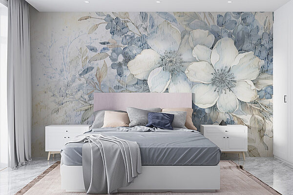 Schilderij van bloemen en bladeren Fotobehang Schilderij van bloemen en bladeren