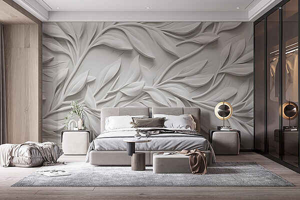 Witte muur met bladeren Fotobehang Witte muur met bladeren
