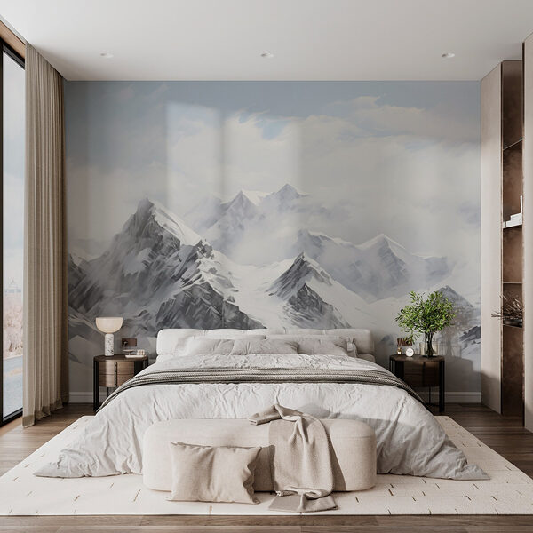 Besneeuwde bergketen met wolken Fotobehang Besneeuwde bergketen met wolken