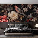 Fotobehang Schilderij van vogels op bloemen