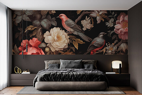 Schilderij van vogels op bloemen Fotobehang Schilderij van vogels op bloemen