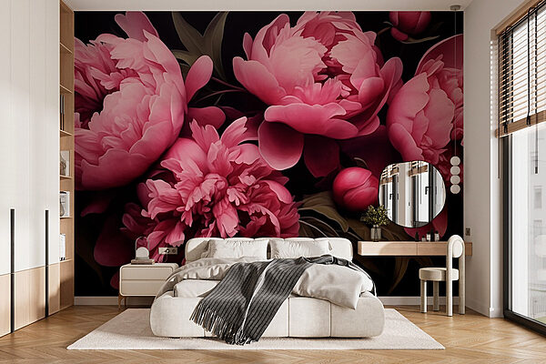 Levendige bloemen op een donkere achtergrond Fotobehang Levendige bloemen op een donkere achtergrond
