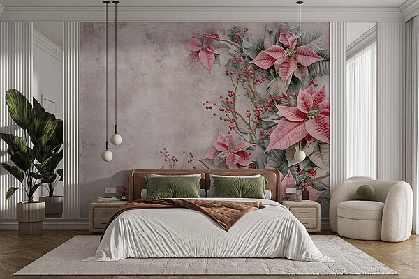 Fotobehang Roze bloemen en bessen op een wit oppervlak