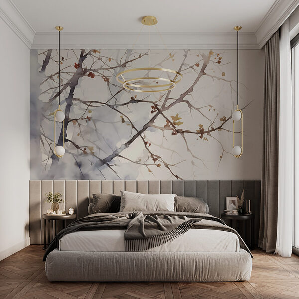 Fotobehang Aquarel van een boomtak met bladeren eraan