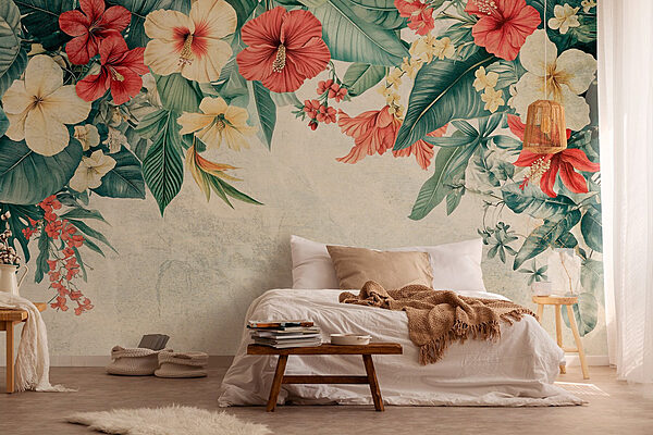 Levendige bloemen omlijsten een serene achtergrond Fotobehang Levendige bloemen omlijsten een serene achtergrond