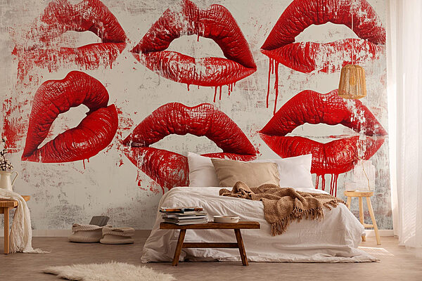 Groep rode lippen met druipend bloed Fotobehang Groep rode lippen met druipend bloed