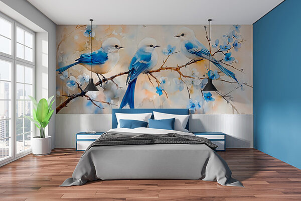 Groep blauwe vogels op een tak Fotobehang Groep blauwe vogels op een tak