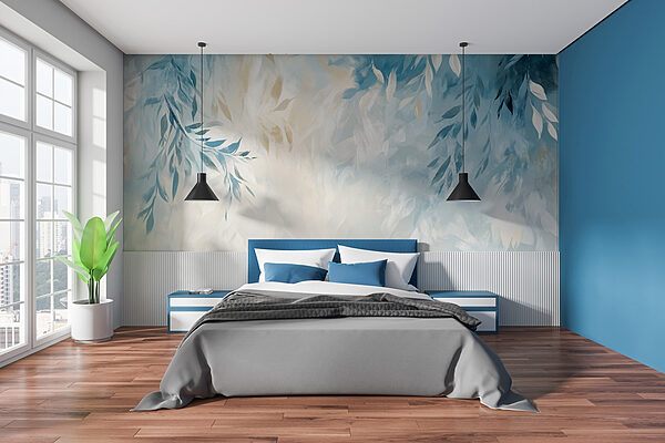Blauwe en witte achtergrond met bladeren Fotobehang Blauwe en witte achtergrond met bladeren
