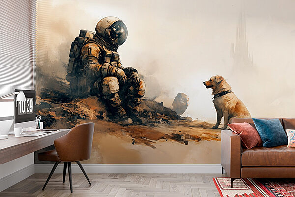 Een astronaut zit op een rots en kijkt naar een hond Fotobehang Een astronaut zit op een rots en kijkt naar een hond