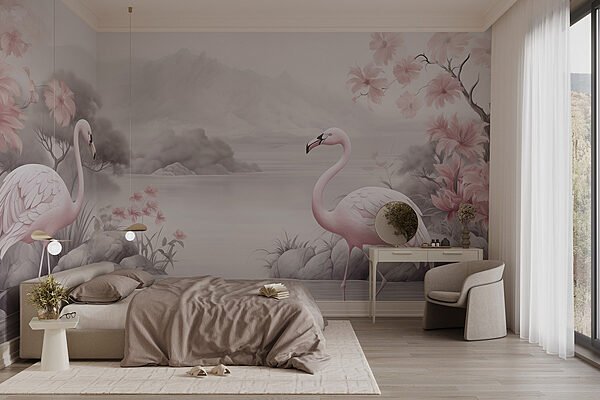 Flamingo's in een meer Fotobehang Flamingo's in een meer