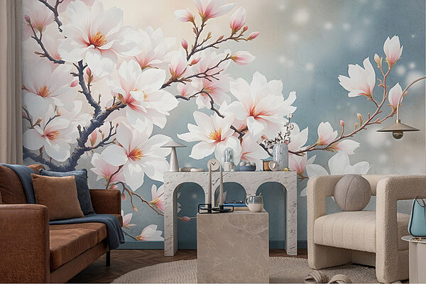 Boom met witte bloemen Fotobehang Boom met witte bloemen