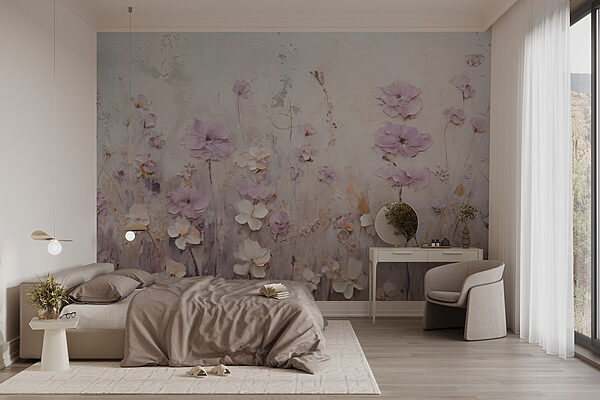 Schilderij van bloemen op een muur Fotobehang Schilderij van bloemen op een muur