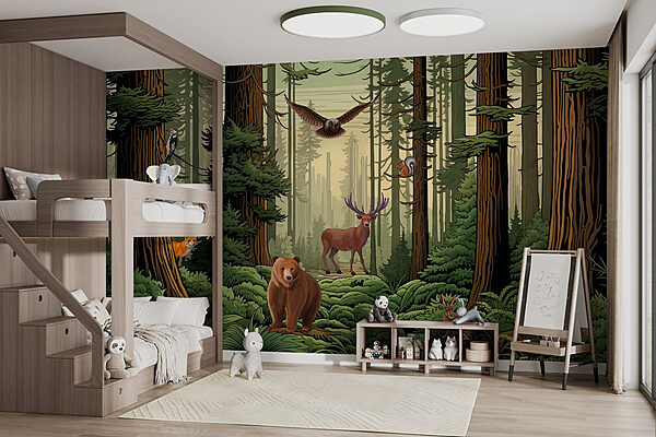 Bos met dieren en vogels Fotobehang Bos met dieren en vogels