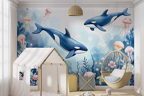 Walvis en schildpad zwemmen in de oceaan Fotobehang Walvis en schildpad zwemmen in de oceaan