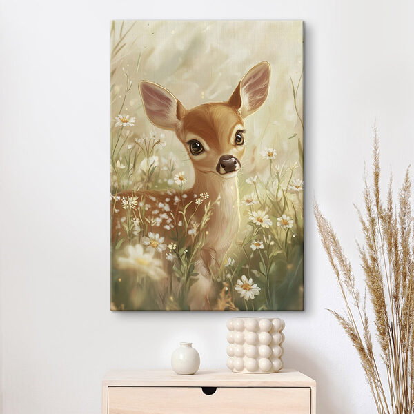 Baby hertjes in een veld vol bloemen Canvas Schilderijen Baby hertjes in een veld vol bloemen