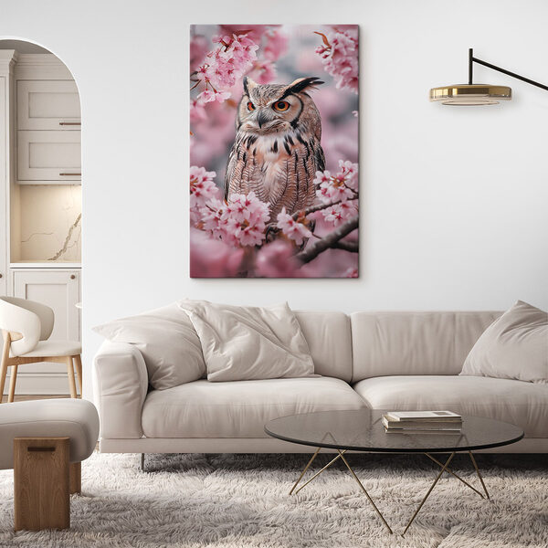 Een uil in een boom met roze bloemen Canvas Schilderijen Een uil in een boom met roze bloemen