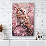 Canvas Schilderijen Uil zittend op een tak met roze bloemen
