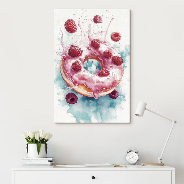 Schilderij van een donut met frambozen en melkspetters Canvas Schilderijen Schilderij van een donut met frambozen en melkspetters