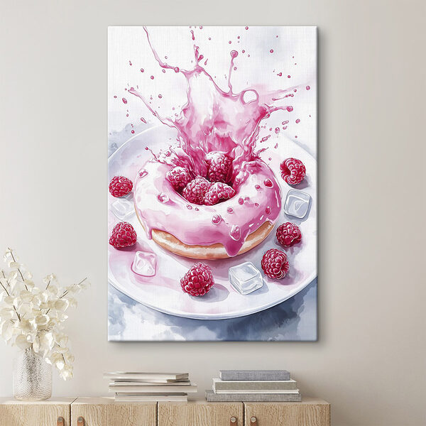 Donut met roze glazuur en frambozen die op een wit bord spatten Canvas Schilderijen Donut met roze glazuur en frambozen die op een wit bord spatten