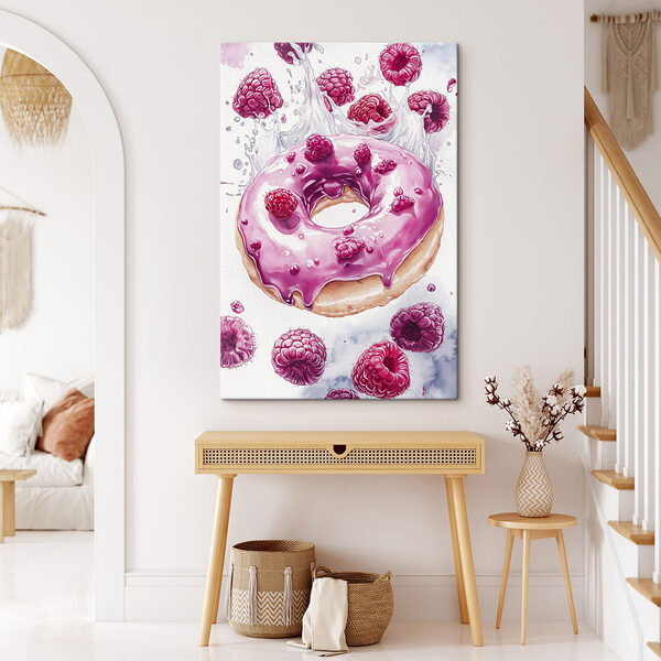 Schilderij van een donut met frambozen Canvas Schilderijen Schilderij van een donut met frambozen
