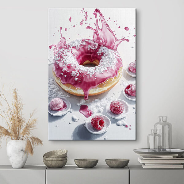 Donut met roze glazuur en poedersuiker Canvas Schilderijen Donut met roze glazuur en poedersuiker