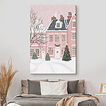 Canvas Schilderijen Roze huis met bomen en sneeuw