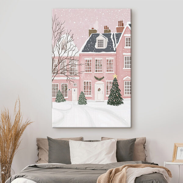 Roze huis met bomen en sneeuw Canvas Schilderijen Roze huis met bomen en sneeuw