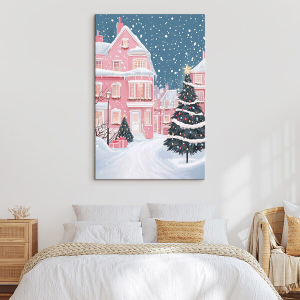 Kerstboom voor een roze huis Canvas Schilderijen Kerstboom voor een roze huis