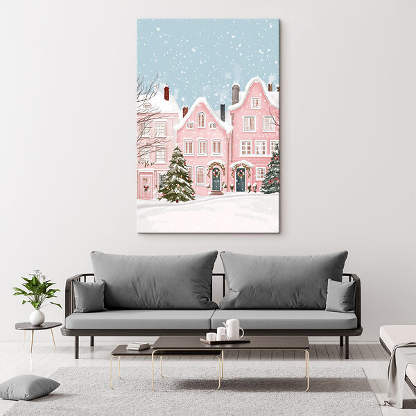 Roze huis met sneeuw erop Canvas Schilderijen Roze huis met sneeuw erop