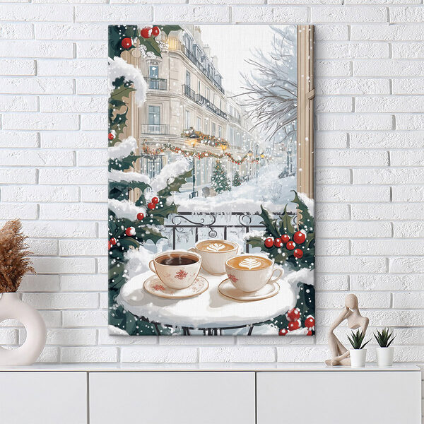 Een paar kopjes koffie op een balkon met sneeuw en gebouwen Canvas Schilderijen Een paar kopjes koffie op een balkon met sneeuw en gebouwen
