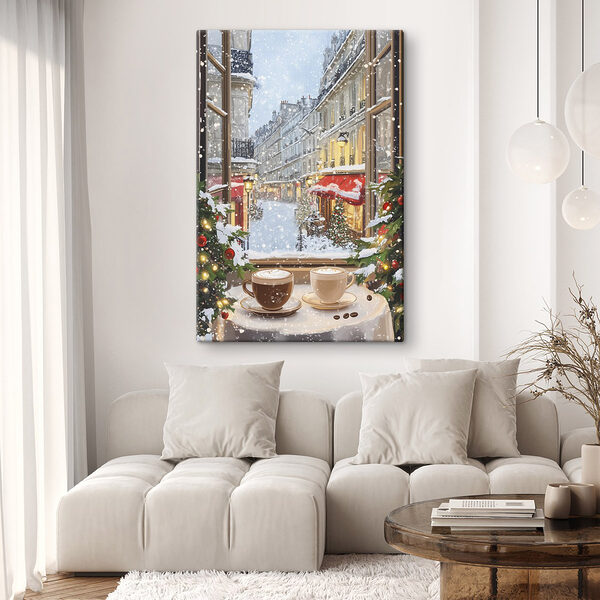 Raam met twee koppen koffie en bomen voor een straat Canvas Schilderijen Raam met twee koppen koffie en bomen voor een straat