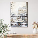 Canvas Schilderijen Tafel met kopjes en een vaas bloemen met een besneeuwd landschap